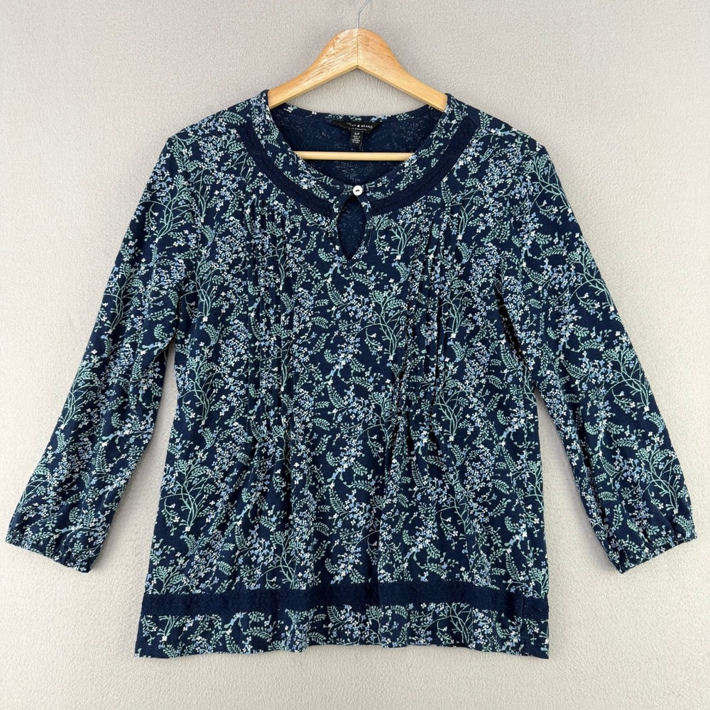 Lucky Brand Floral Blouse Women S Blue Boho Cotton 3/4 Sleeve Prairie Cottage